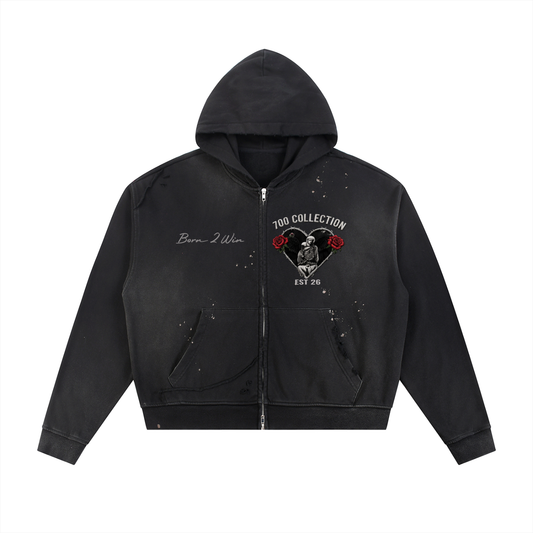 Sun Fade Frayed Raw Edge Fleece Zip Hoodie